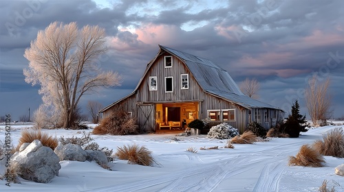 Old wooden barn during snowy day high resolution picture