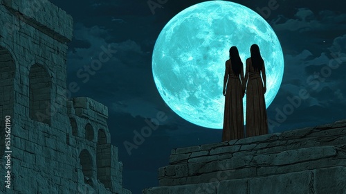 Two figures silhouetted against a vibrant moon above ancient ruins in the night