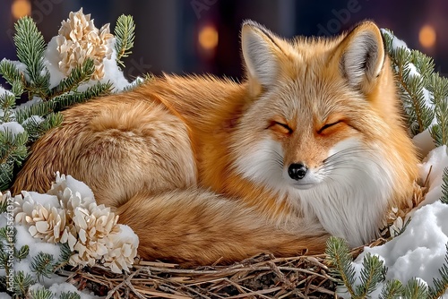 Red fox sleeping under snowy pine branches high resolution picture