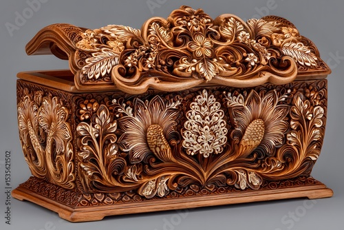 Traditional floral carved wood chest high resolution picture