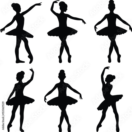 Graceful ballet dancer silhouettes in various poses illustrate the beauty of women dancing