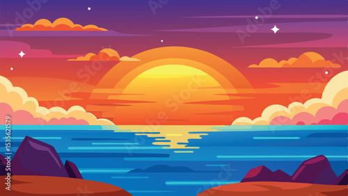 Vibrant Cartoon Sunset Over Ocean with Rocky Shoreline and Colorful Sky Design