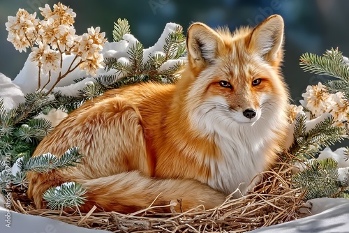 Winter fox resting quietly in forest snow high resolution picture