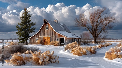 Winter scene with rustic wooden barn high resolution picture
