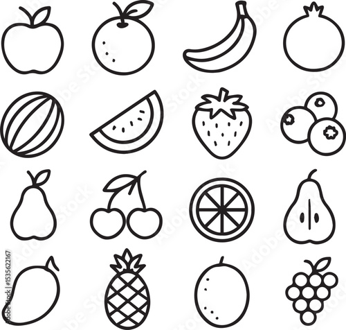 Fruits icon set vector line art illustration.