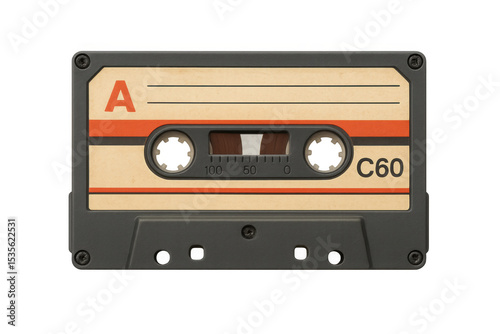 Vintage audio cassette resting, showcasing analog music memories with worn magnetic tape and classic design, symbolizing retro sound technology