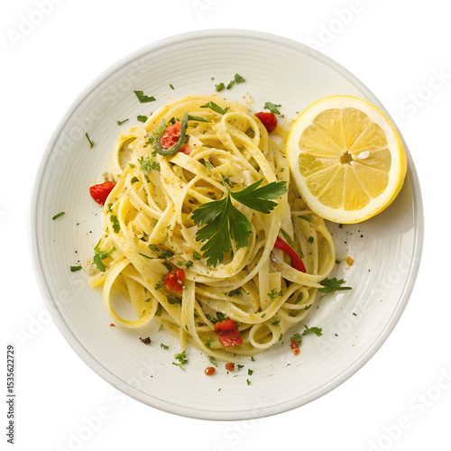 A plate of pasta served with lemon wedge, isolated on transparent background photo