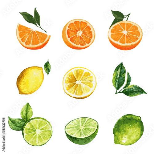 Big vector set of citrus fruits.Orange,lemon and lime icons on white background
