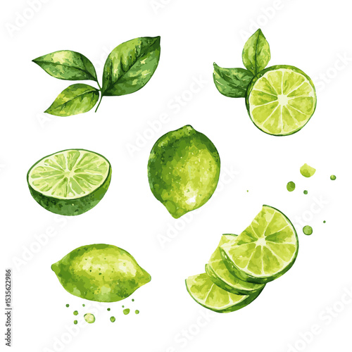 Fresh lime fruit. Collection of lime vector icons isolated on white background. Vector illustration.