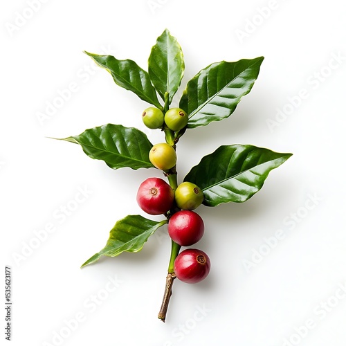 A Beautiful Coffee Plant Branch with Ripening Berries on a White Background