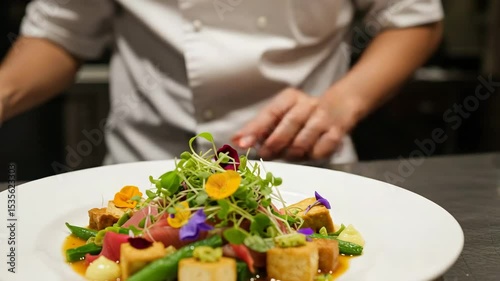 Professional chef plating an elegant vegan fine dining dish with precision and artistic presentation in a stainless steel kitchen setting.
