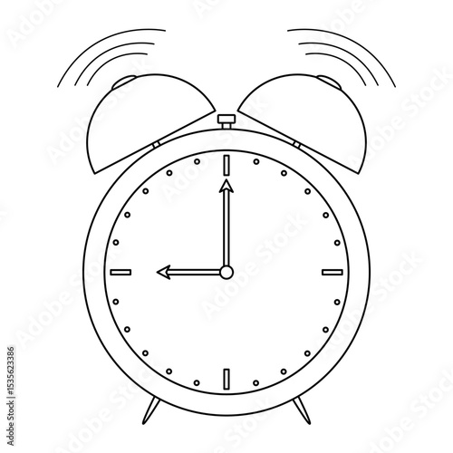 Coloring page with outline drawing of ringing alarm clock with ring mechanical dial showing 9 o clock - symbolizing school start time. For entertaining kids, back to school black and white design.