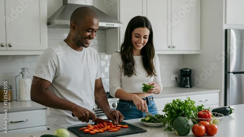 Cheerful couple cooking a vegan dinner together in a modern kitchen, laughing while chopping colorful vegetables in natural lighting.
