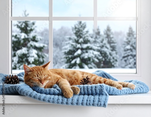 Ginger cat naps by window in winter scene