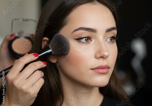 A makeup artist applies powder to a young womans cheek with a soft brush