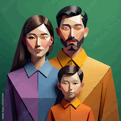 Abstract Family Portrait in Geometric Style on Green

