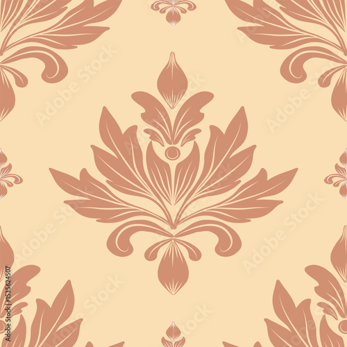 Damask seamless orange floral pattern, vintage style, vector illustration elegant for textile, wall paper, rug, bedding, curtains, cushion cover, upholstery fabric, scarf, luxury design, decoration