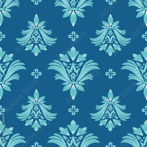 Damask seamless pattern with blue flowers, vintage design, vector illustration elegant for textile, wall paper, bedding, curtains, cushion cover, rug, scarf, upholstery fabric, fashion, bag, luxury