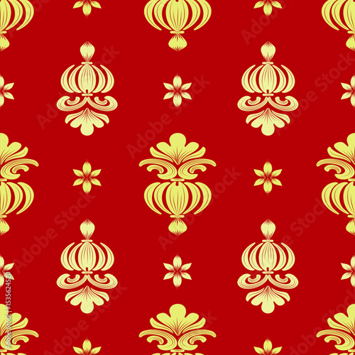Damask seamless pattern with golden flowers and red background, vintage and luxury, vector illustration elegant for textile, wall paper, bedding, curtains, cushion cover, rug, scarf, upholstery fabric