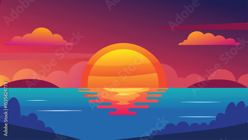 Vector Illustration of a Colorful Sunset Over Calm Water With Clouds and Hills