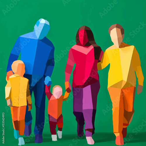 Abstract Family Portrait in Geometric Style on Green

