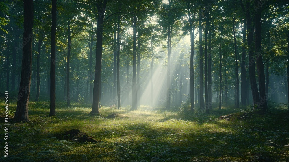 Obraz premium Sunlight streams through misty forest