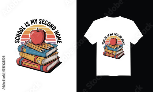 Vintage Back to School T-Shirt - "School is my second home" design, AI generated