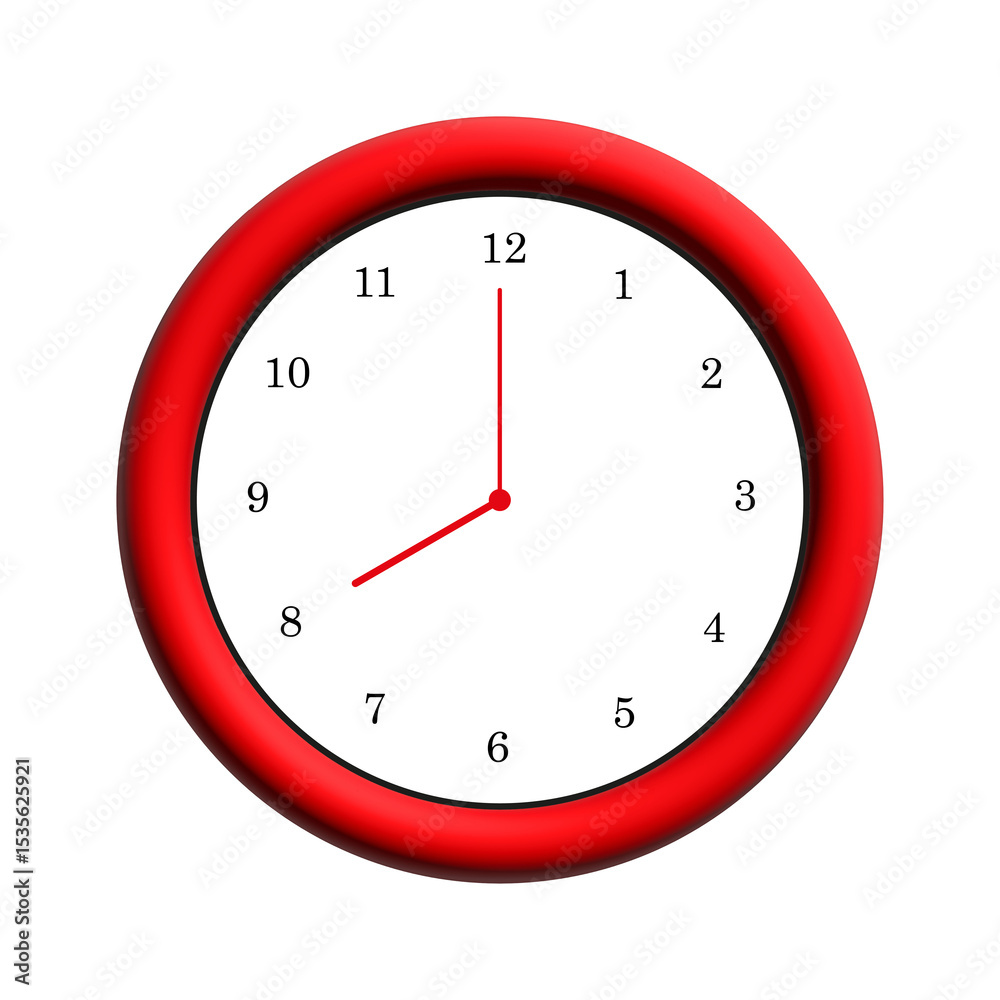 A Round Wall Clock with a Red Frame Depicting Eight O'Clock on a White Background A Round Wall Clock with a Red Frame Depicting Eight O'Clock on a White Background