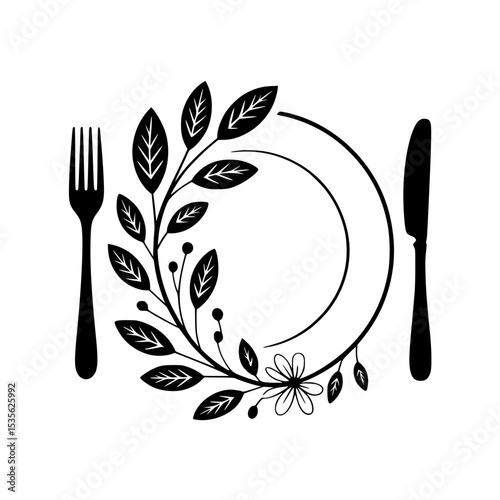 Elegant dining logo with fork, spoon, and floral design