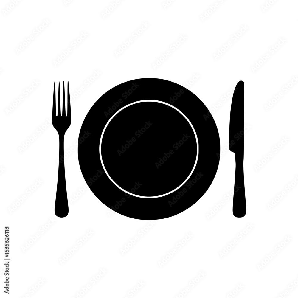 Dining utensils arrangement with fork, plate, and knife in black silhouette Dining utensils arrangement with fork, plate, and knife in black silhouette