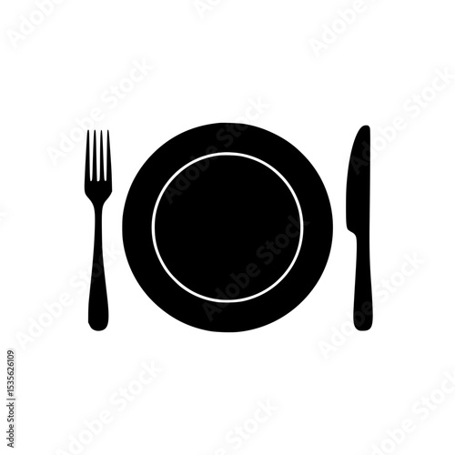 Dining utensils arrangement with fork, plate, and knife in black silhouette