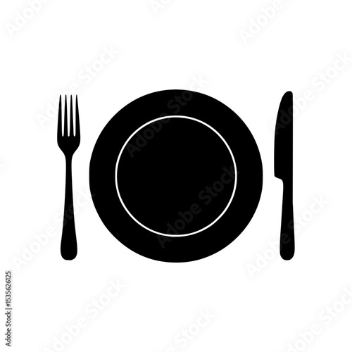 Dining utensils arrangement with fork, plate, and knife in black silhouette