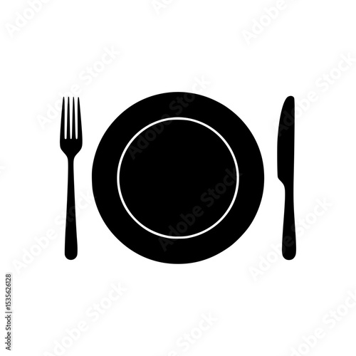Dining utensils arrangement with fork, plate, and knife in black silhouette