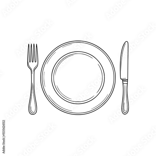 Simple line drawing of a plate, fork, and knife in a dining setup