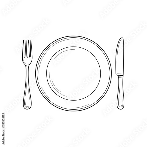 Simple line drawing of a plate, fork, and knife in a dining setup