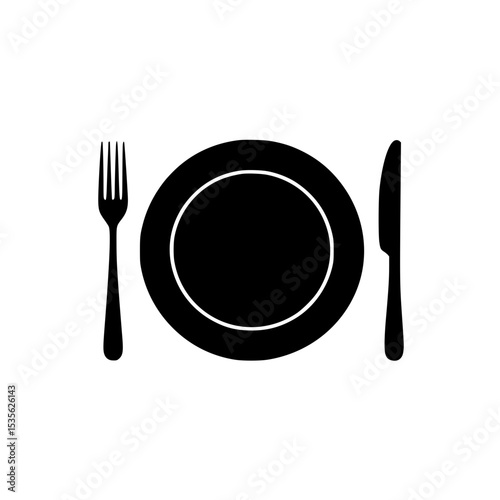Dining utensils arrangement with fork, plate, and knife in black silhouette
