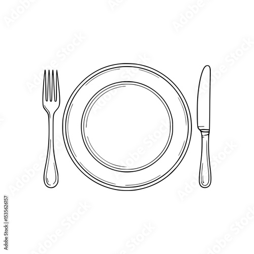 Simple line drawing of a plate, fork, and knife in a dining setup