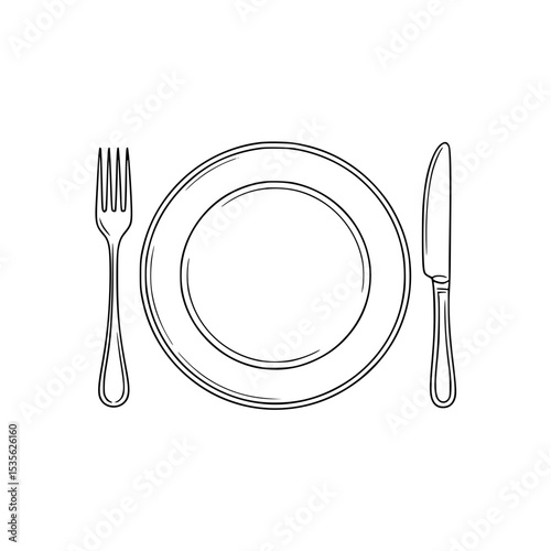 Simple line drawing of a plate, fork, and knife in a dining setup