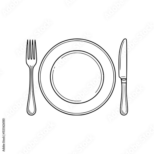 Simple line drawing of a plate, fork, and knife in a dining setup