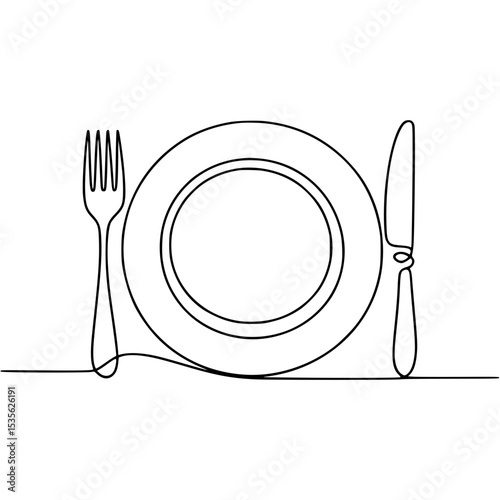 Simple line drawing of a plate, fork, and knife in a minimalist style