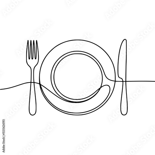 Simple line drawing of a plate, fork, and knife in a minimalist style