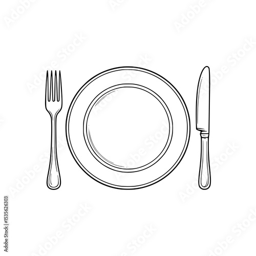 Simple line drawing of a plate, fork, and knife in a dining setup