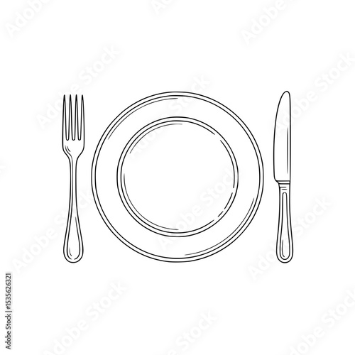 Simple line drawing of a plate, fork, and knife in a dining setup