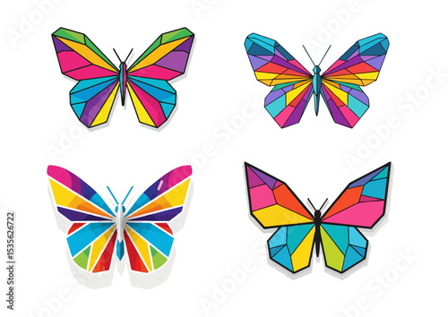 Geometric butterfly icon with segmented colorful wings, visually bold and modern design with clean shapes and soft shadows on transparent background
