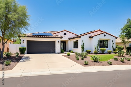 Modern white house with solar panels desert landscaping
