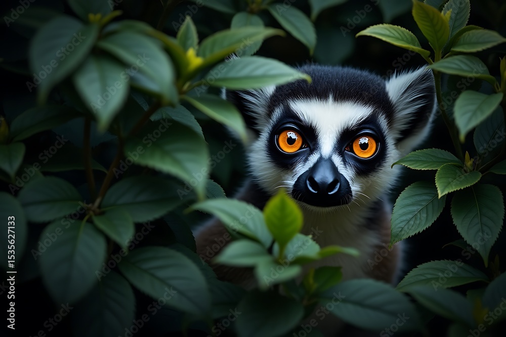 Fototapeta premium Ring tailed lemur hiding in lush green foliage