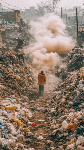 mountain of garbage waste plastic bottles packages of rotting food	
