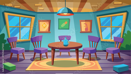Cartoon Dining Room Interior with Oval Table, Purple Chairs, and Light Fixture