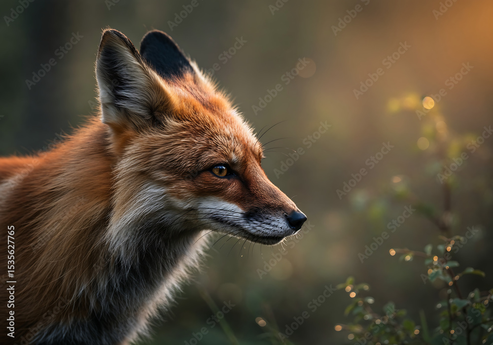 Fototapeta premium Photorealistic Close-Up Fox in Misty Dawn Forest
