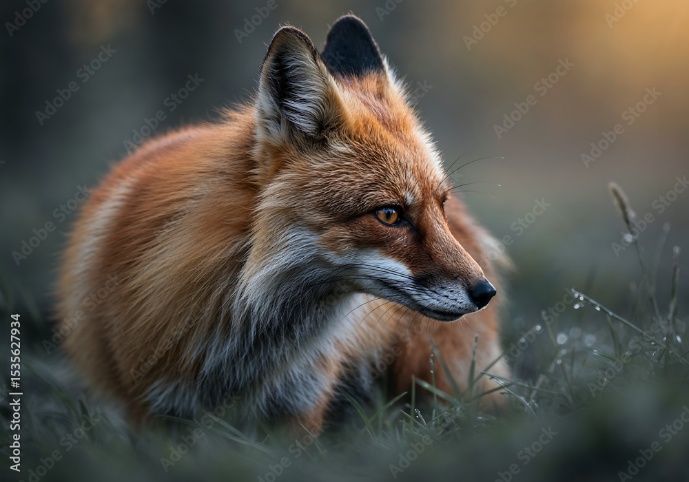 Obraz premium Photorealistic Close-Up Fox in Misty Dawn Forest